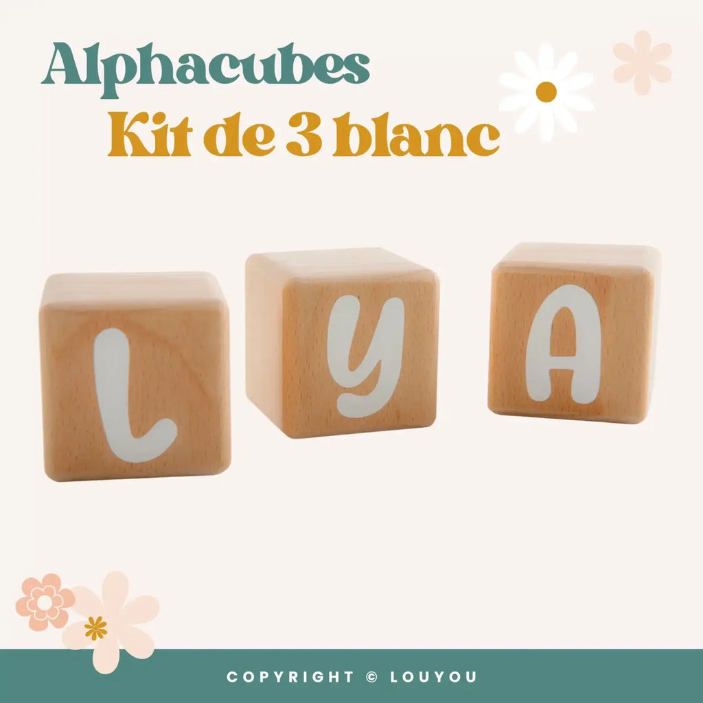 Louyou ALPHACUBES kit de 3 cubes noir blanc et gris avec stickers