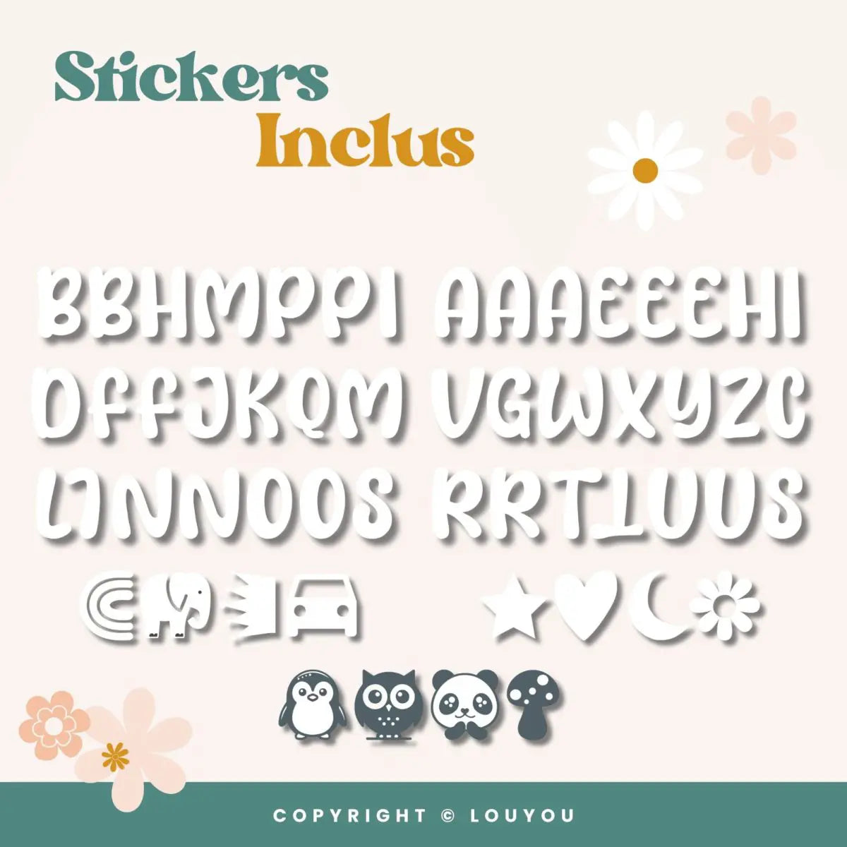 Louyou ALPHACUBES kit de 4 cubes noir blanc et gris avec stickers