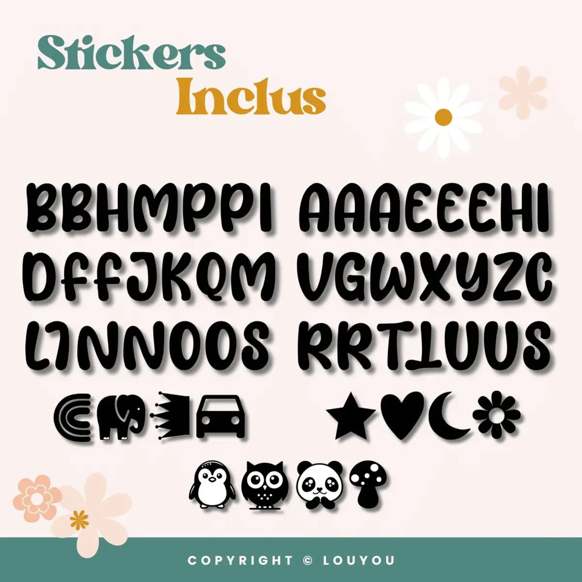 Louyou ALPHACUBES kit de 4 cubes noir blanc et gris avec stickers