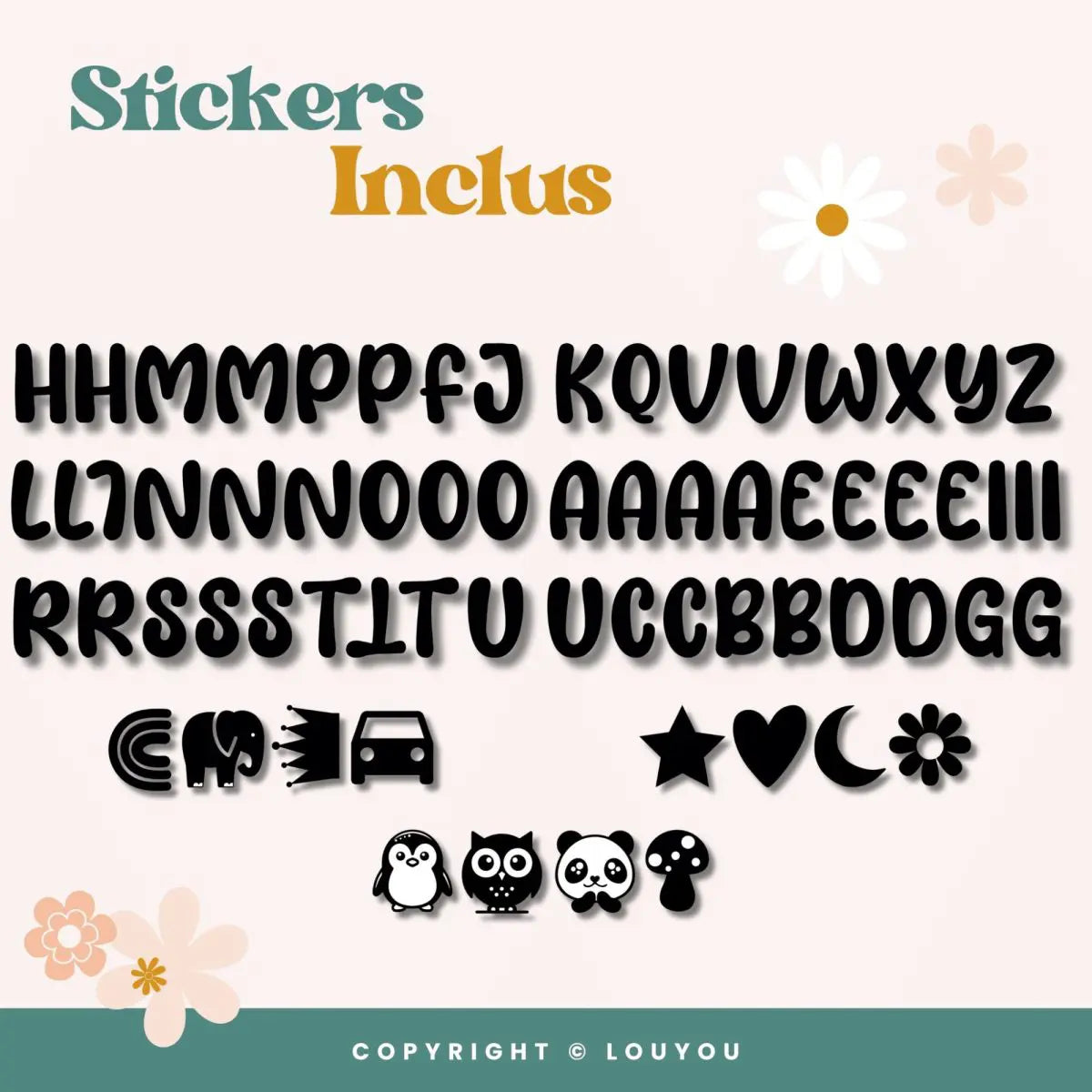 Louyou ALPHACUBES kit de 5 cubes noir blanc et gris avec stickers