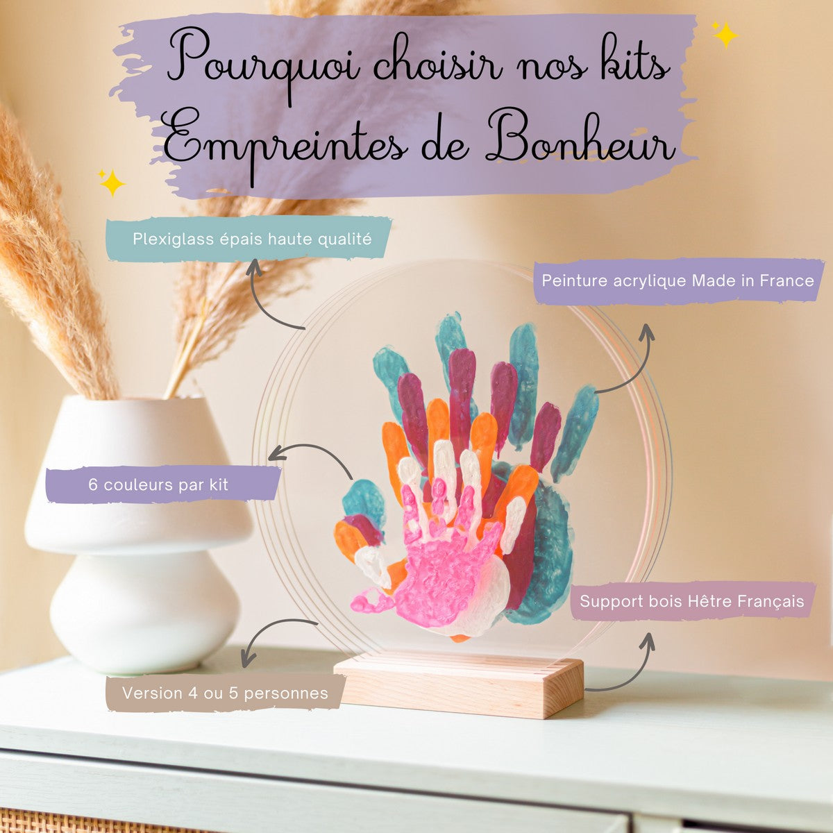 Kit d'empreintes de mains pour Famille de 5 : Immortalisez les moments précieux en famille avec ce coffret d'empreintes sûr et personnalisable, fabriqué en France. nacre