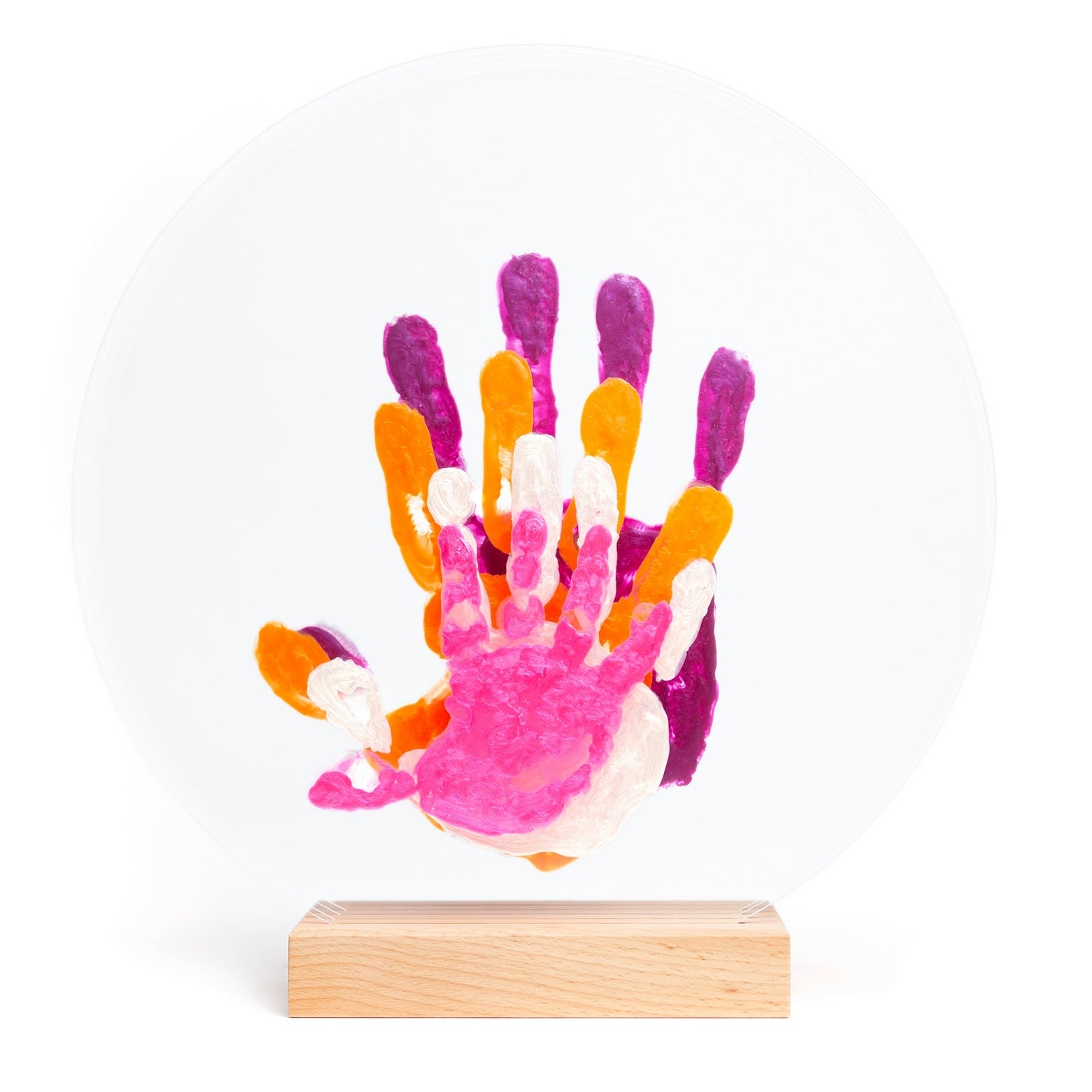 Kit d'empreintes de mains pour 4 personnes couleur nacre avec support bois de hêtre, disque de plexiglas rond de Ø26cm transparents.