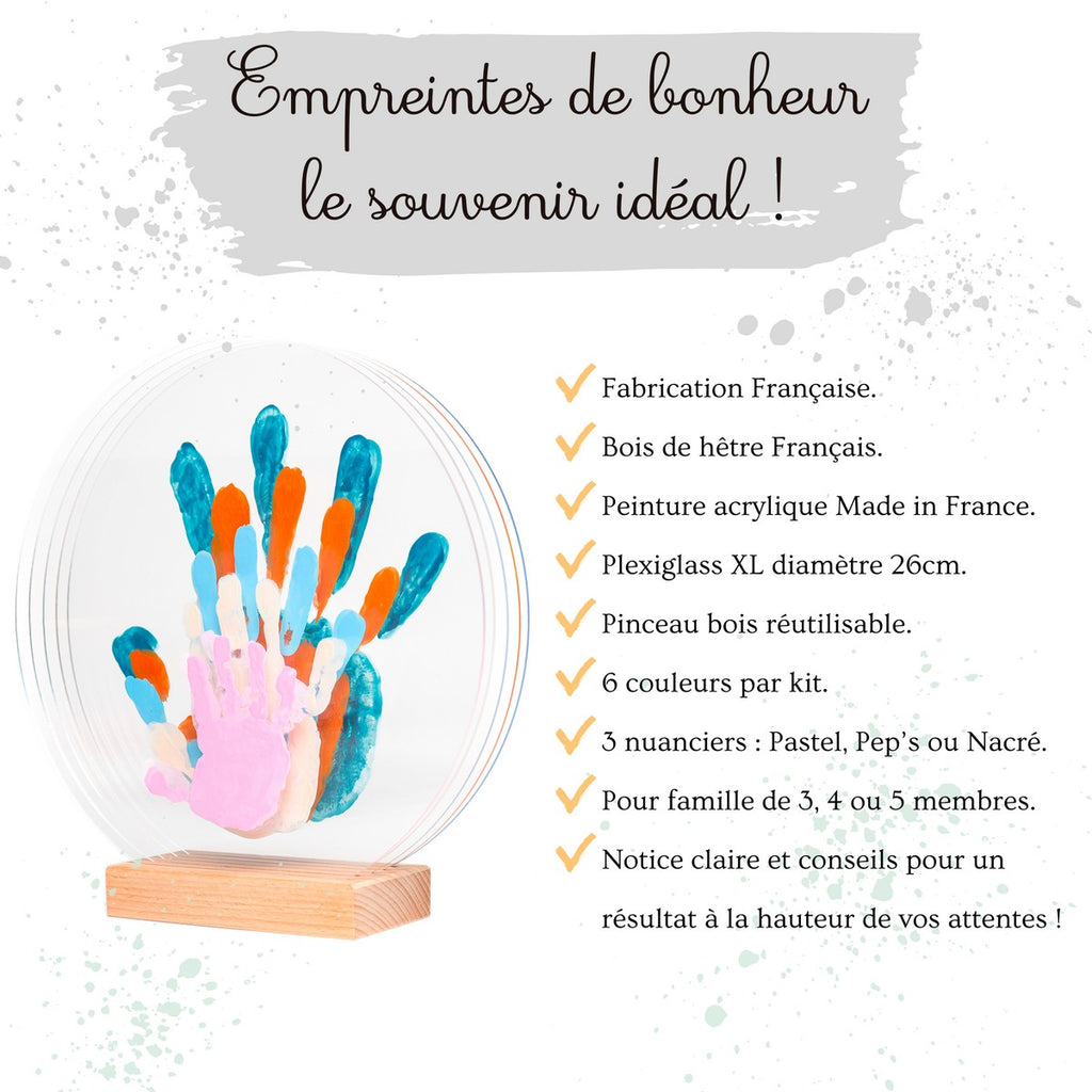 Kit d'empreintes de mains pour Famille de 5 : Immortalisez les moments précieux en famille avec ce coffret d'empreintes sûr et personnalisable, fabriqué en France. pastel
